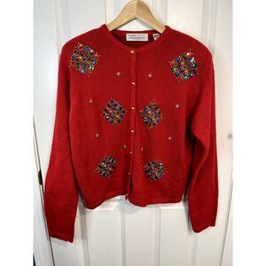 Vintage Karen Scott Evening Silk Angora Lambswool Red Embellished Sweater Size M